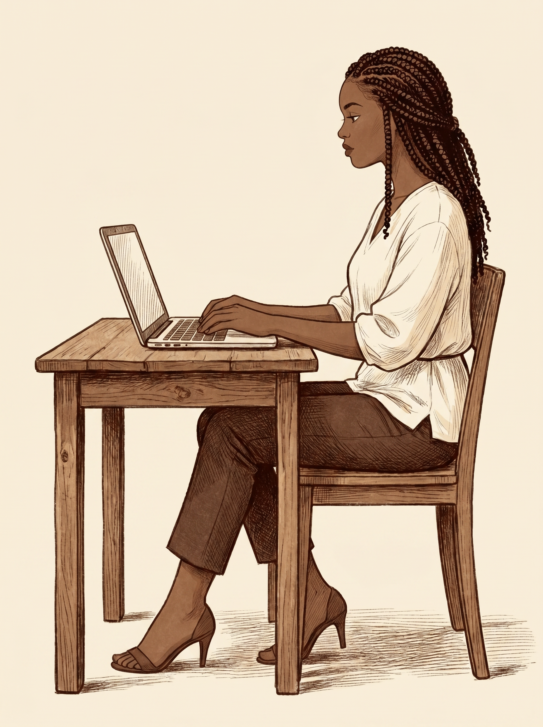 Hand-drawn illustration of a Black woman with braids working at a laptop, warm sepia tones on a cream background.