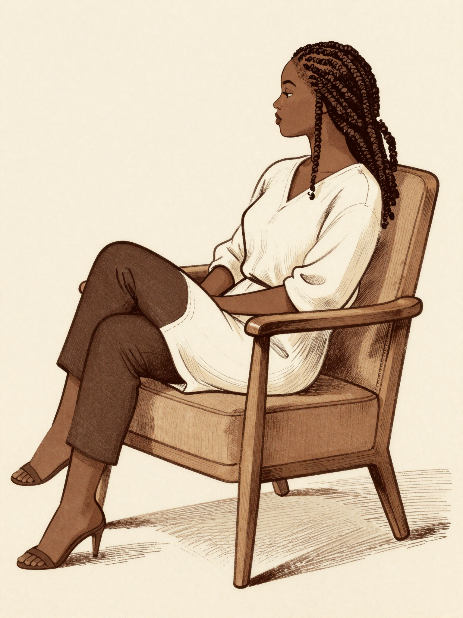 Hand-drawn illustration of a Black woman with braids seated in a mid-century armchair, warm sepia tones on a cream background.